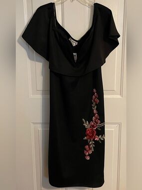 Charlotte Russe Black Off-the-Shoulder Dress with Red Floral Embroidery